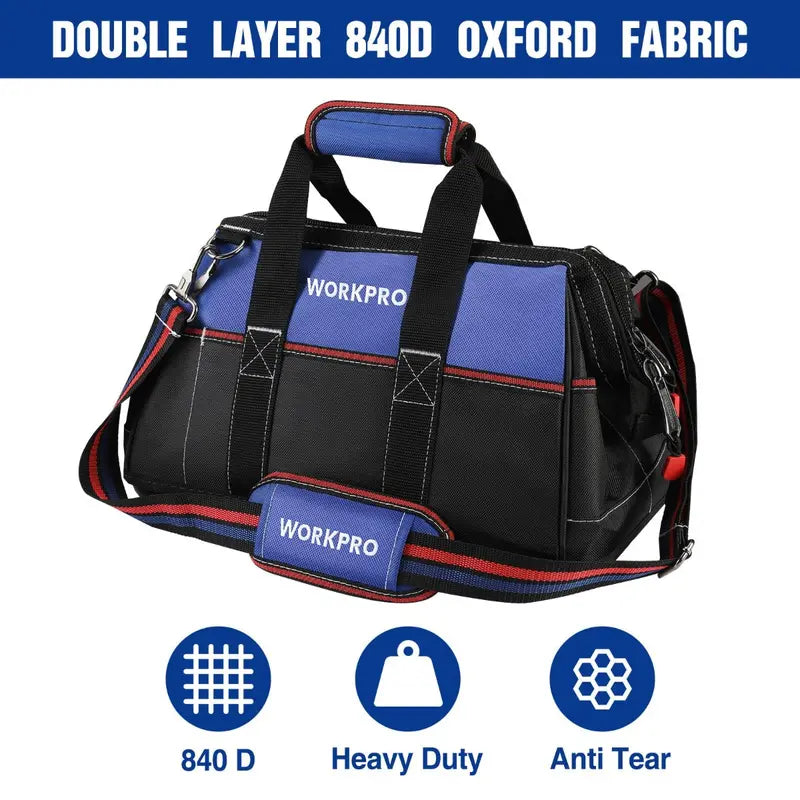 WORKPRO 16-Inch Heavy-Duty Wide-Mouth Tool Bag – Waterproof Molded Base & Adjustable Shoulder Strap