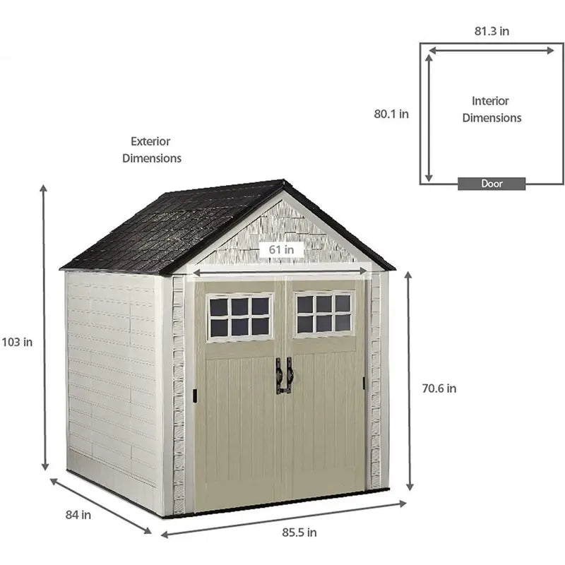 Rubbermaid 7 ft. x 7 ft. Sand-Colored Resin Garden Shed – Includes Windows and Utility Hooks