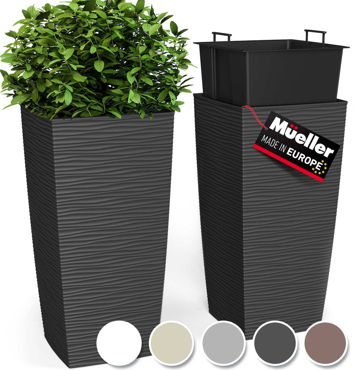 14 in. x 14 in. x 27.5 in. Evergreen Dark Gray M-Resin Indoor/Outdoor Planter w/Built-In Drainage, Duo Set, XL (2-Piece)