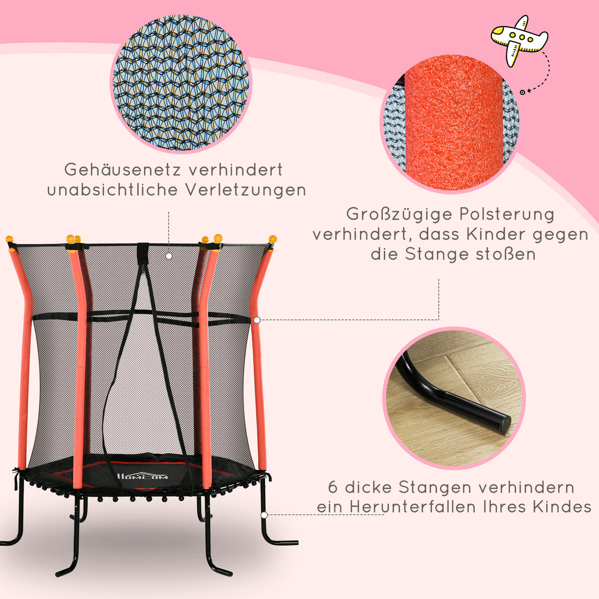 HOMCOM Kindertrampolin, Sicherheitsnetz, Gittertür, Metallrahmen, Ø163,5x163,5 cm, Rot