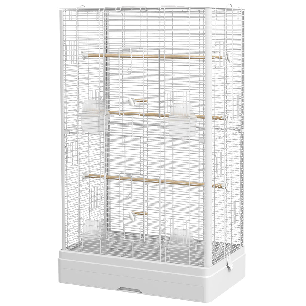 PawHut Vogelkäfig Voliere mit Türen Sitzstangen Käfig für Kanarienvögel Wellensittiche Papageien 61 x 36,5 x 98 cm weiß