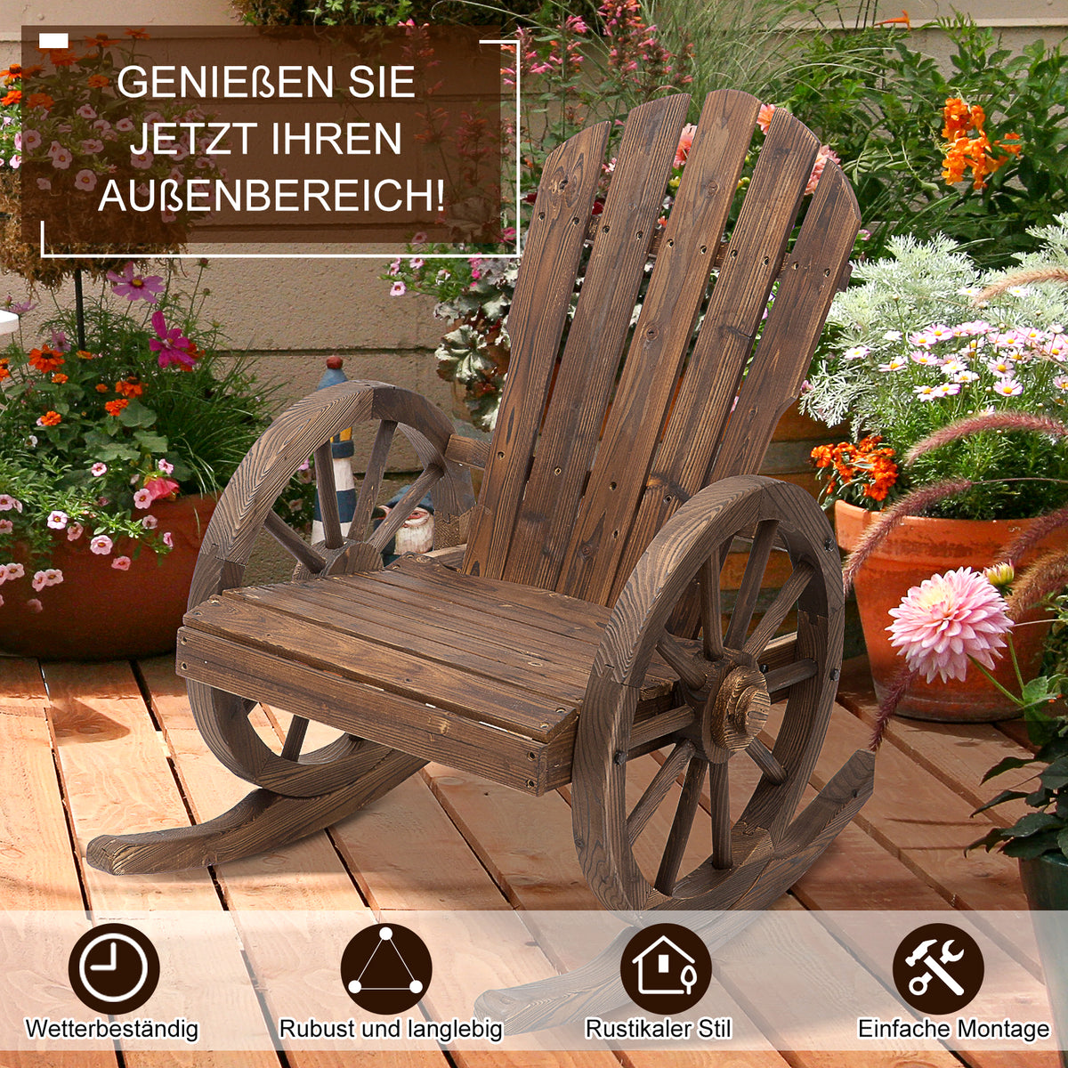 Outsunny Schaukelstuhl Rustikales Design Versiegeltes Massivholz  Wetterbeständig 68 cm x 88 cm x 92 cm