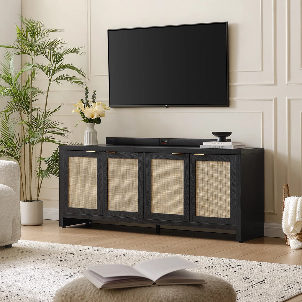 SICOTAS 61.5"w Rattan TV Stand with 4 Doors, Boho Entertainment Center with Adjustable Shelves & Spacious Countertop - Large Boho Farmhouse Media Console for Living Room, Reclaimed Caramel Oak