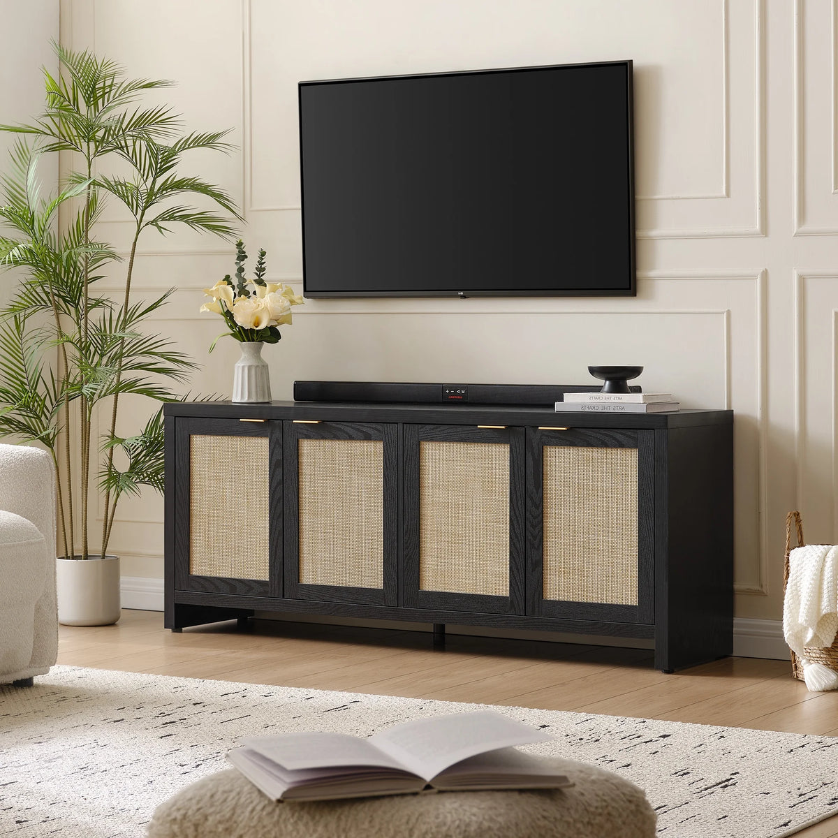 SICOTAS 61.5"w Rattan TV Stand with 4 Doors, Boho Entertainment Center with Adjustable Shelves & Spacious Countertop - Large Boho Farmhouse Media Console for Living Room, Reclaimed Caramel Oak
