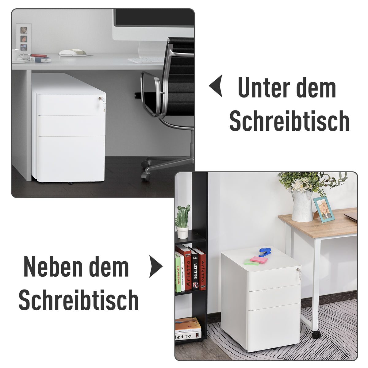 Vinsetto Rollcontainer, mobiler Aktenschrank mit 3 Schubladen, abschließbarer Büroschrank mit Hängeregistratur, Aufbewahrung, Stahl, 39 x 48 x 59 cm Weiß