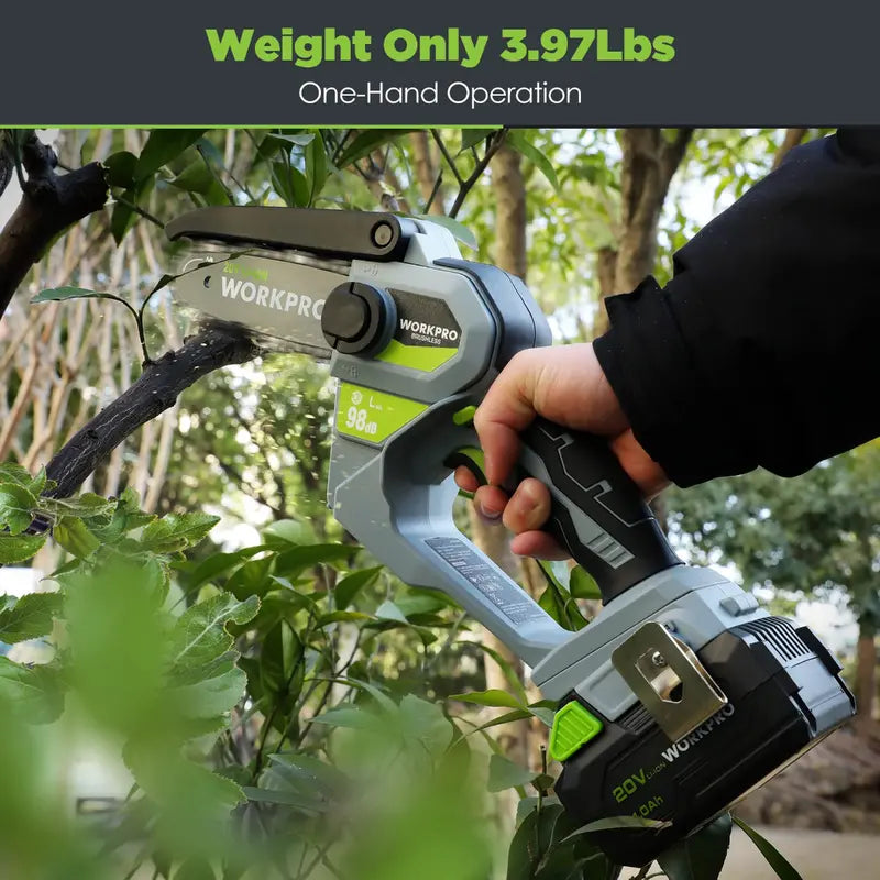 WORKPRO 20V Brushless Cordless Compact Chainsaw – Includes 4.0Ah Battery & Replacement Chain