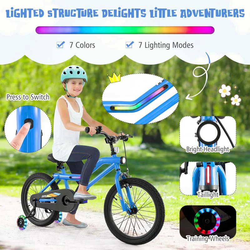 16/18 Inch LED Lighted Kids Bike with Training Wheels, Headlight, Adjustable Seat & Dual Brakes, Children Bicycle for Ages 4-8 Years