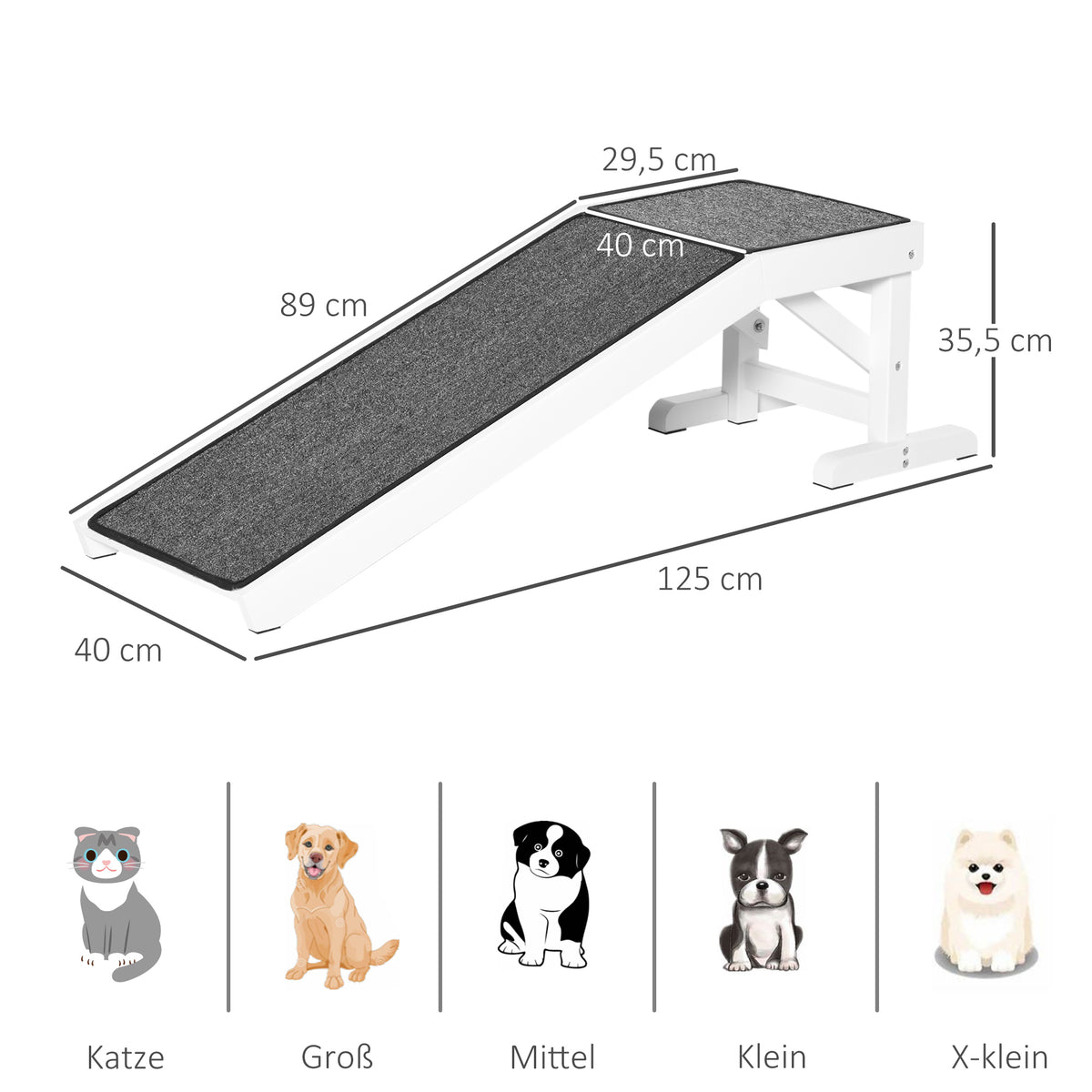 PawHut Haustierrampe mit rutschfestem Teppich 125 x 40 x 35,5cm Kiefernholz