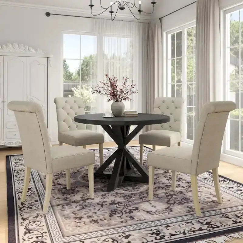 Rustic Wooden 5-Piece Dining Set – Round Cross-Buck Pedestal Table with 4 Tufted Upholstered Chairs
