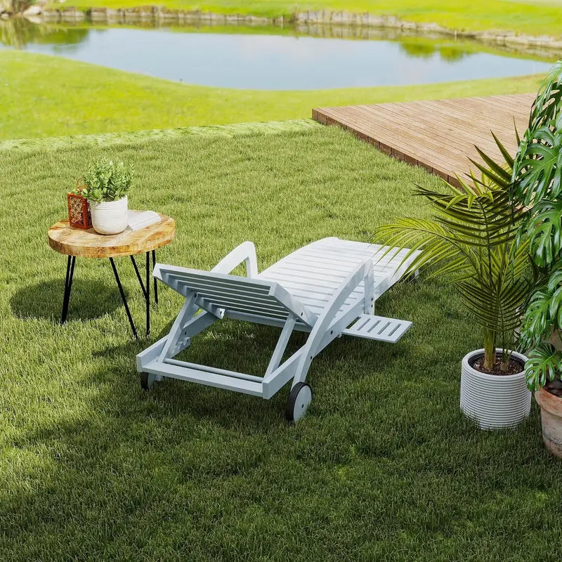 Set of 4 Wooden Poolside Chaise Lounges – 5-Position Adjustable Recliners with Pull-Out Side Tables, Patio or Deck Ready