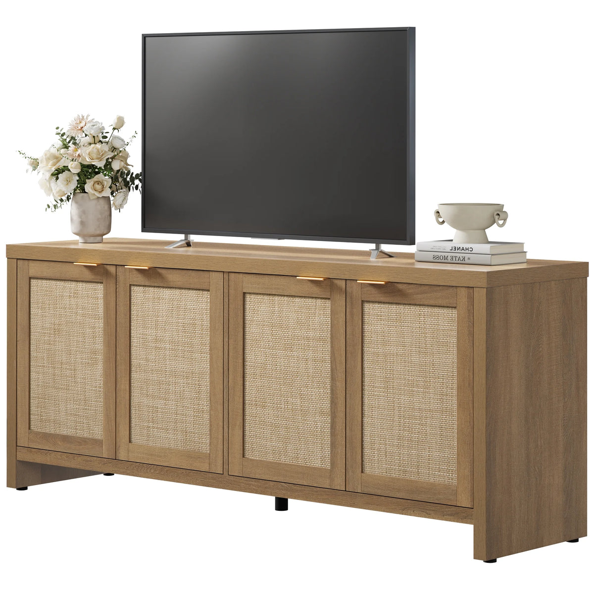SICOTAS 61.5"w Rattan TV Stand with 4 Doors, Boho Entertainment Center with Adjustable Shelves & Spacious Countertop - Large Boho Farmhouse Media Console for Living Room, Reclaimed Caramel Oak