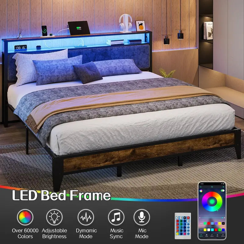 OLEVS Single Metal Platform Bed – LED-Lit Headboard with USB-C Charging Ports and Underbed Storage