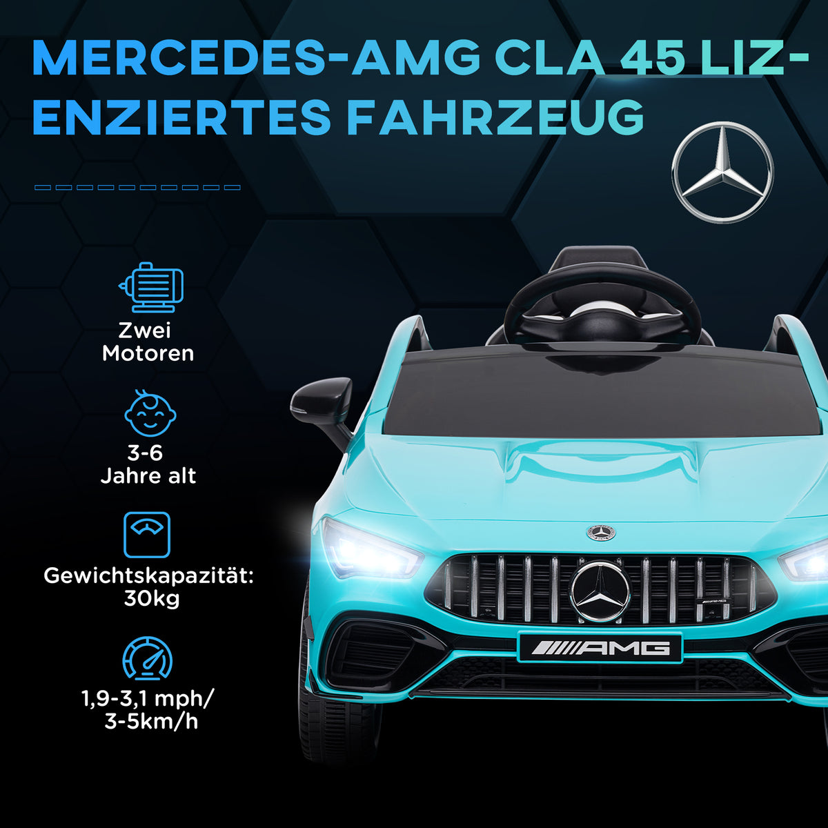 AIYAPLAY Kinder-Elektroauto, fernsteuerbar, mit Transportrollen, LED-Lichter, Hupe, für Kinder von 3-6 Jahren, Hellblau