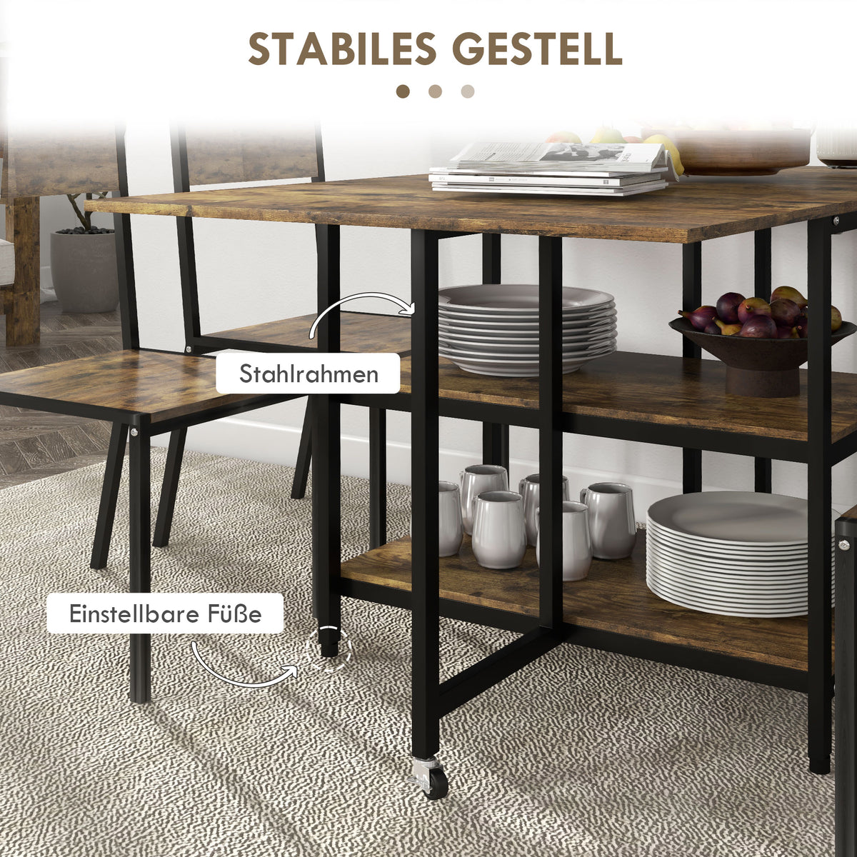HOMCOM Esstisch Klapptisch klappbarer Esstisch, Industriedesign, 140 cm x 80 cm x 75 cm, Braun + Schwarz