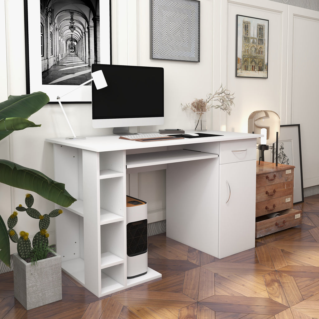 HOMCOM Computertisch Bürotisch Multimedia Schreibtisch mit Stauraum Schublade Tastaturablage MDF 120 x 60 x 74 cm Weiß