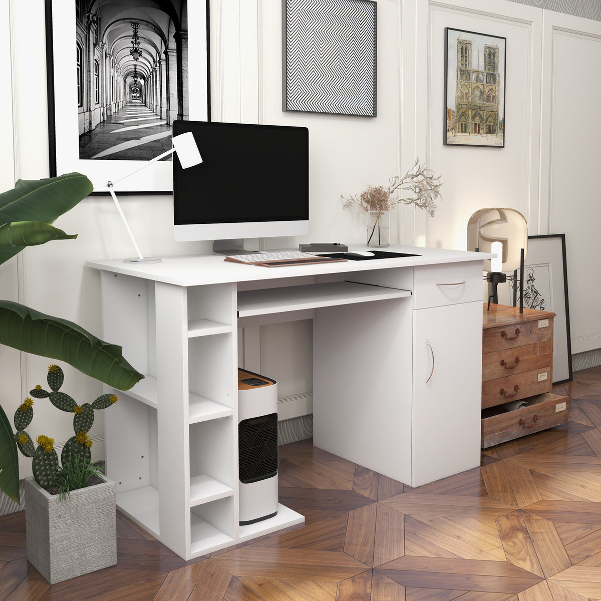 HOMCOM Computertisch Bürotisch Multimedia Schreibtisch mit Stauraum Schublade Tastaturablage MDF 120 x 60 x 74 cm Weiß