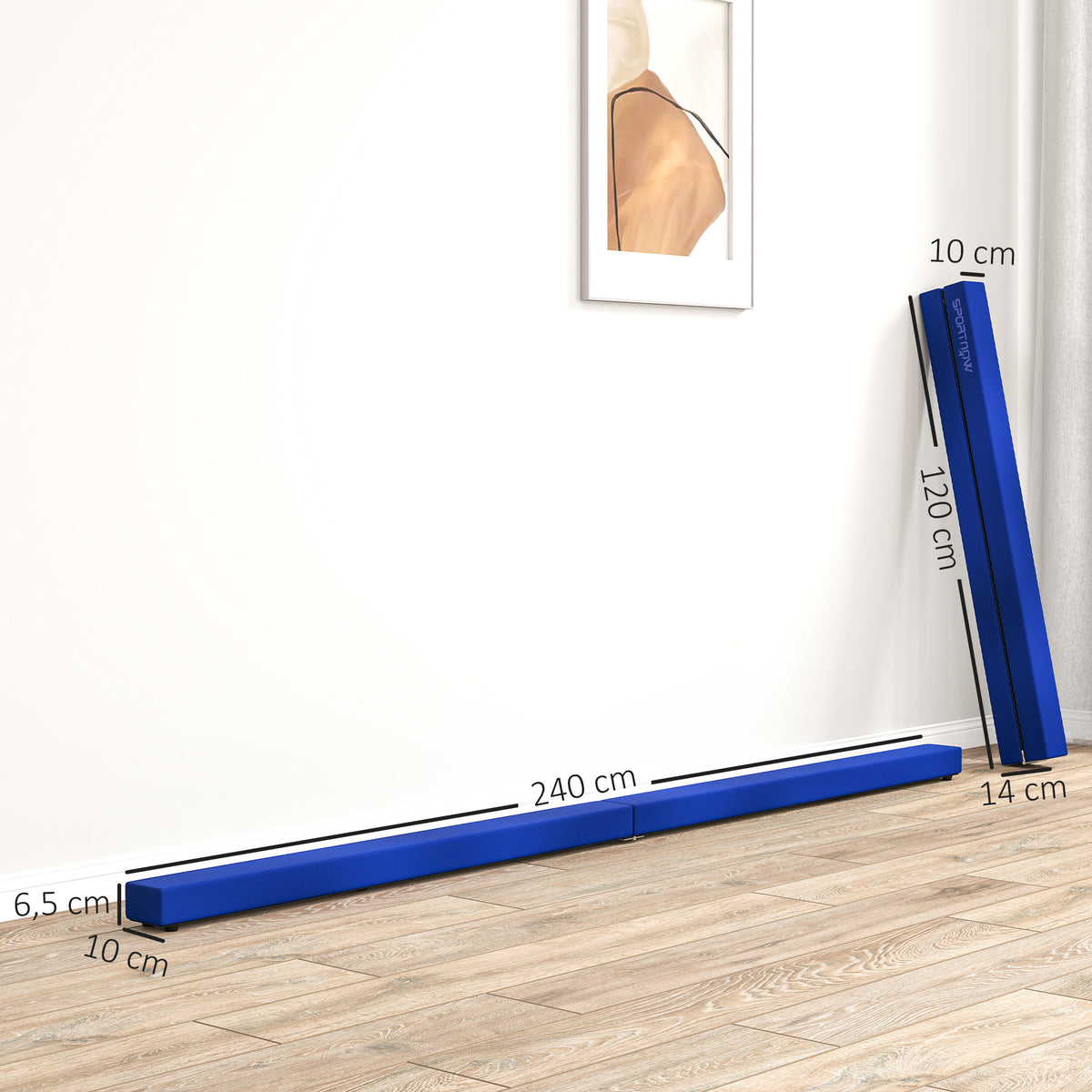 SPORTNOW Faltbarer Gymnastikbalken 240 cm aus Samt, Balance Beam mit rutschfestem Boden, für Kinder und Erwachsene, blau