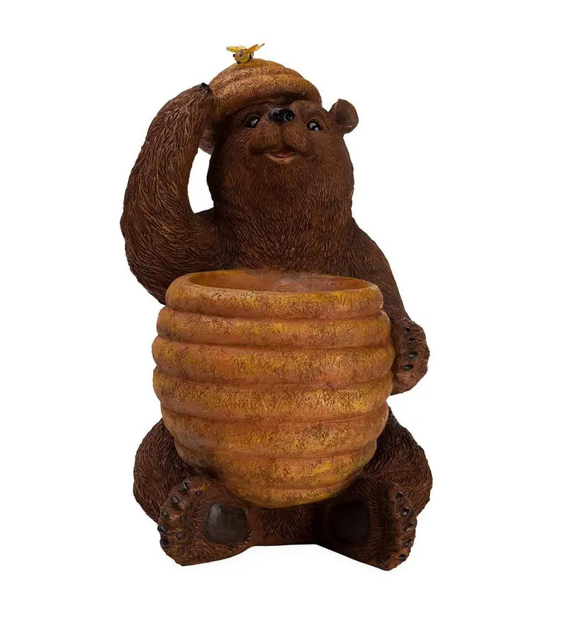 Oh Honey Solar-Powered Birdbath Featuring Bear and Beehive Sculptures