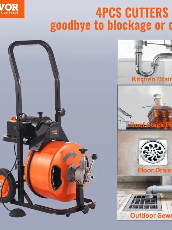 Vevor Drain Cleaner Machine 100FT x 1/2 Inch, Auto Feed Sewer Snake with 4 Cutters & Foot Switch, Orange/Black