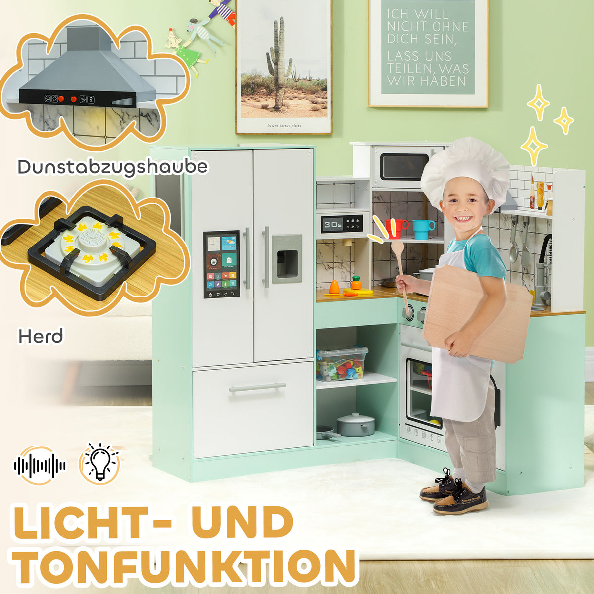 AIYAPLAY Kinderküche zum Spielen, Küchenset mit Tafel, Dunstabzugshaube, realistische Licht- und Soundeffekte, Küchenutensilien
