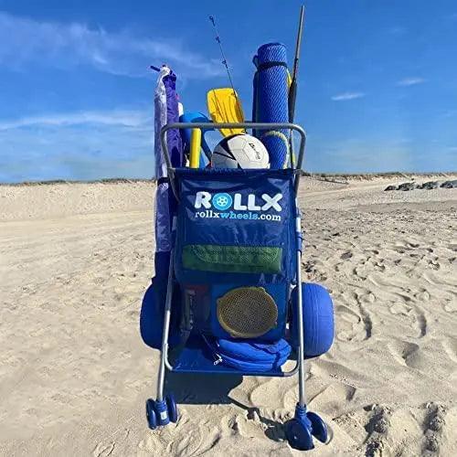 RollX Foldable Beach Cart – 12″ Balloon Tires, Mesh Storage Pockets & Umbrella Holder (Blue)