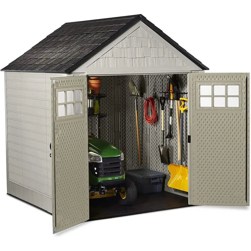 Rubbermaid 7 ft. x 7 ft. Sand-Colored Resin Garden Shed – Includes Windows and Utility Hooks