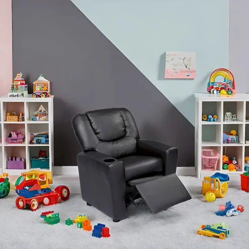 PVC Kids Recliner with Push-Back Mechanism, Cup Holder, and Adjustable Footrest