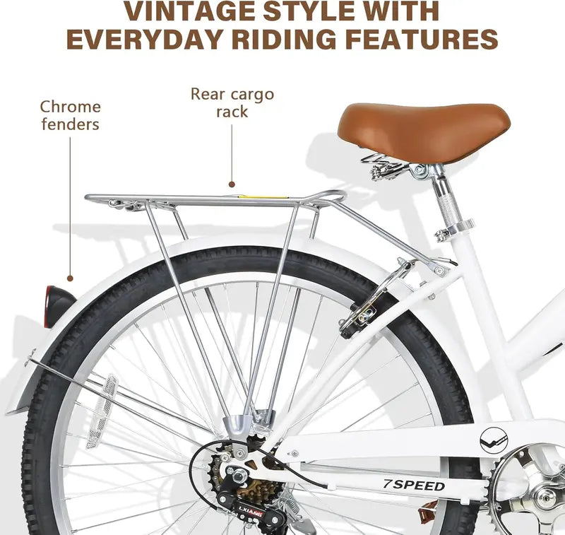 WEIZE 26″ Beach Cruiser Bike – 7-Speed Commuter Bicycle with Fenders, Rear Rack, Ergonomic Upright Frame & Comfort Saddle