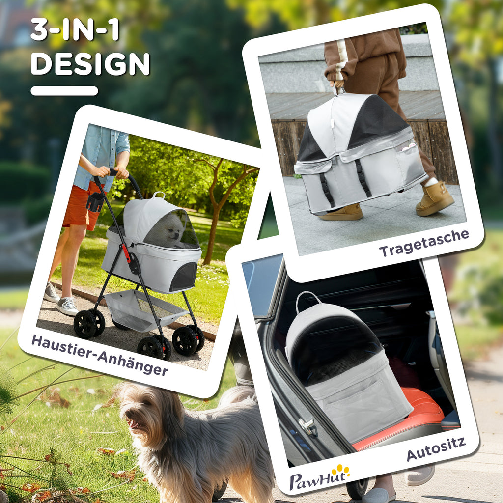PawHut 3-in-1-Haustierkinderwagen, zusammenklappbarer Hundewagen mit 4 Rädern und abnehmbarer Trage für Hunde und Katzen, Grau