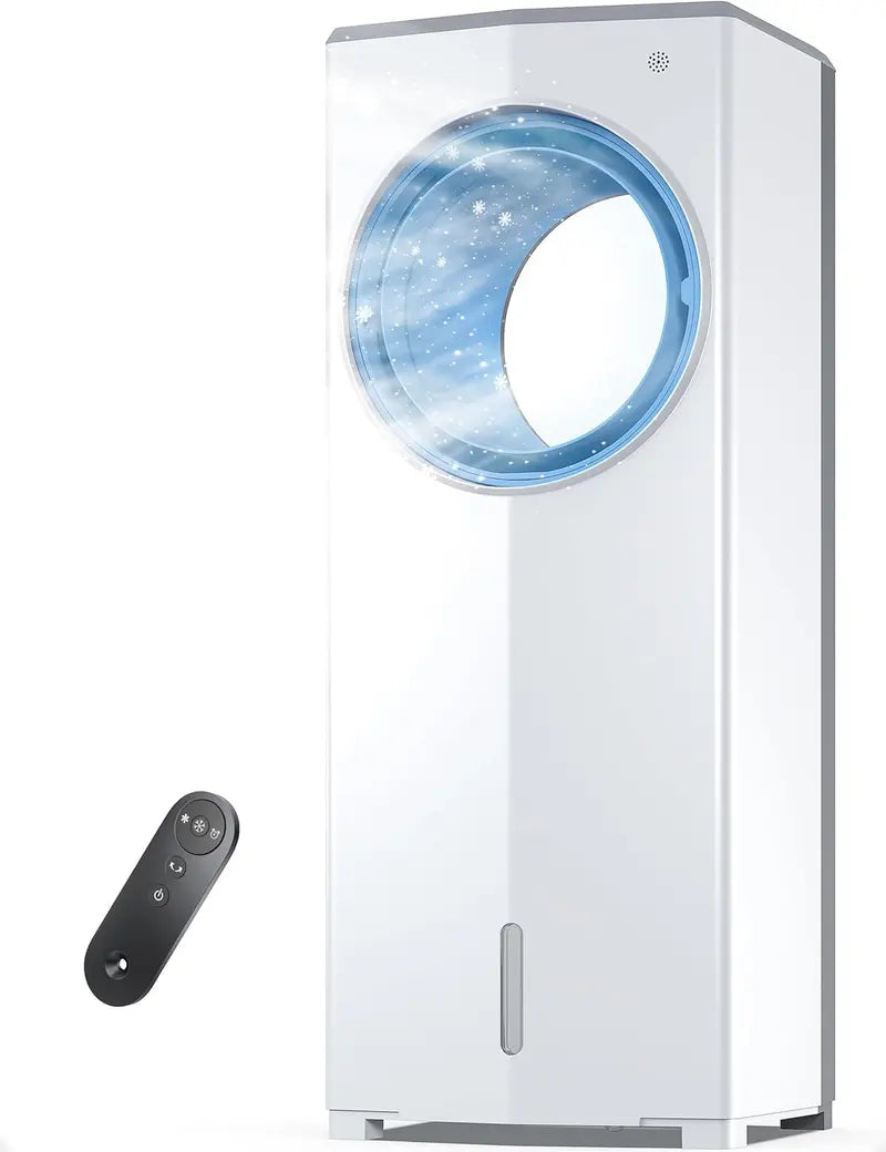 Windowless Evaporative Air Cooler – Compact 26.3″ Portable Unit with 3 Speeds, 4 Modes, 7-Hour Timer, Ice Packs & Remote for Bedroom Use