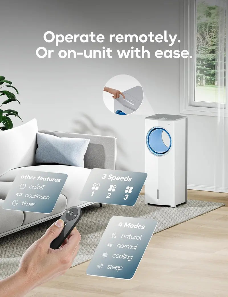 Windowless Evaporative Air Cooler – Compact 26.3″ Portable Unit with 3 Speeds, 4 Modes, 7-Hour Timer, Ice Packs & Remote for Bedroom Use