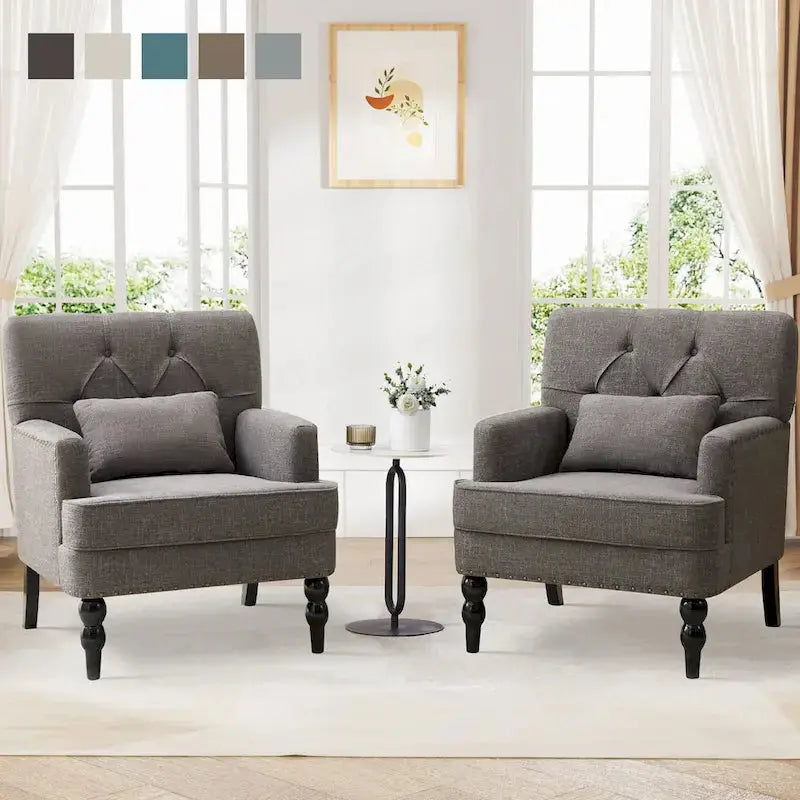 Set of 2 Tufted Accent Armchairs – Button-Down Upholstery with Lumbar Support Pillow (Beige/Grey/Light Blue)