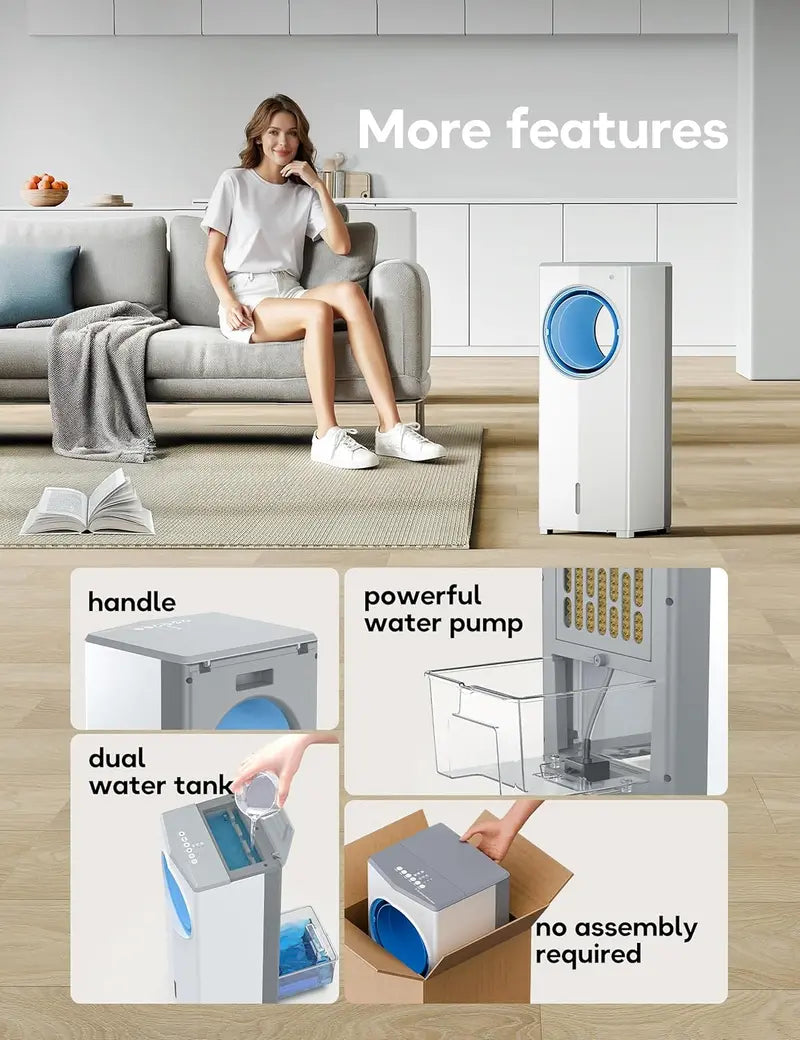 Windowless Evaporative Air Cooler – Compact 26.3″ Portable Unit with 3 Speeds, 4 Modes, 7-Hour Timer, Ice Packs & Remote for Bedroom Use