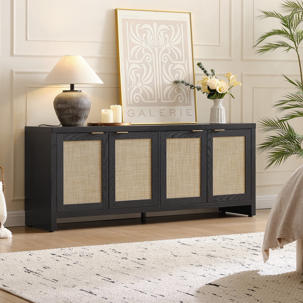 SICOTAS 61.5"w Rattan TV Stand with 4 Doors, Boho Entertainment Center with Adjustable Shelves & Spacious Countertop - Large Boho Farmhouse Media Console for Living Room, Reclaimed Caramel Oak