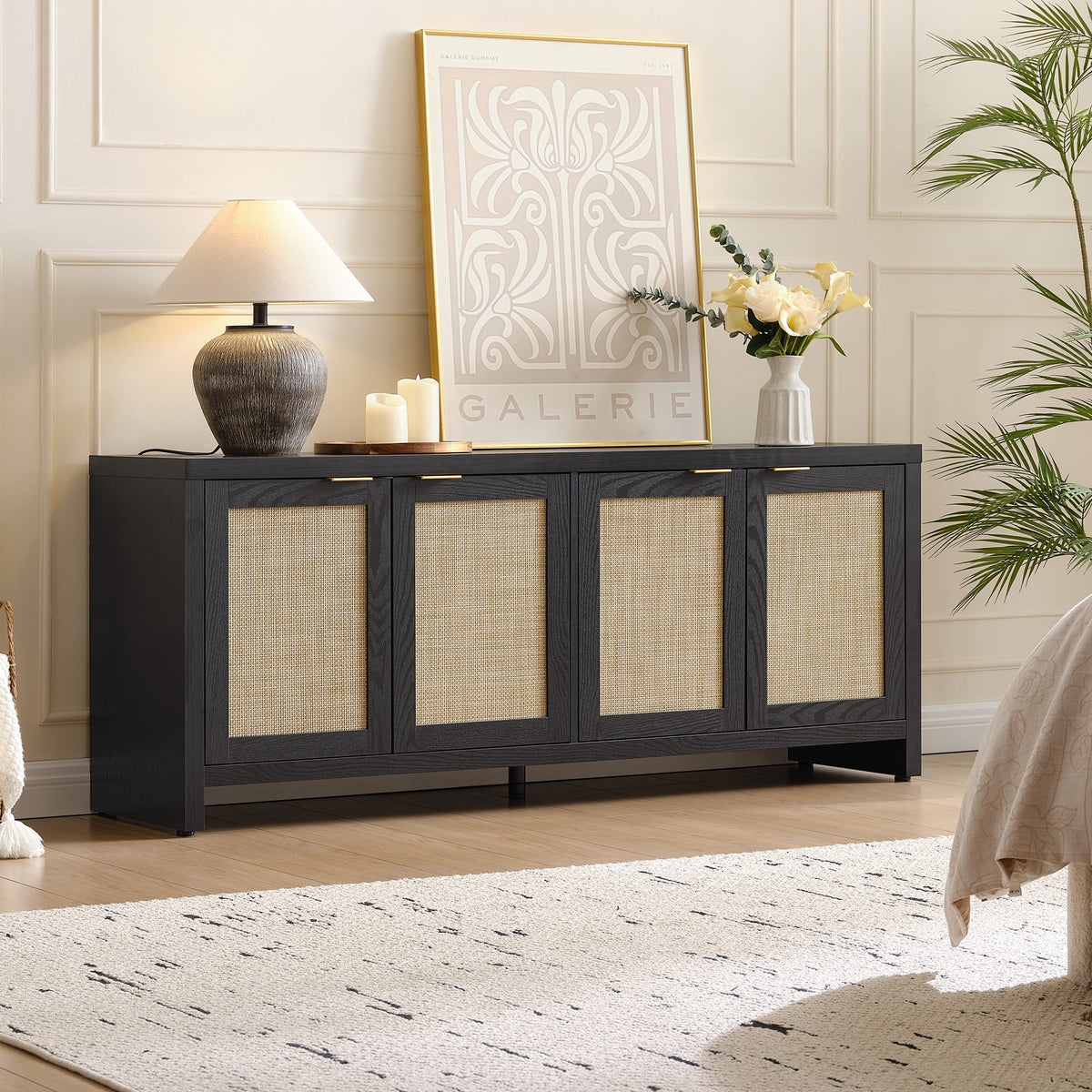 SICOTAS 61.5"w Rattan TV Stand with 4 Doors, Boho Entertainment Center with Adjustable Shelves & Spacious Countertop - Large Boho Farmhouse Media Console for Living Room, Reclaimed Caramel Oak