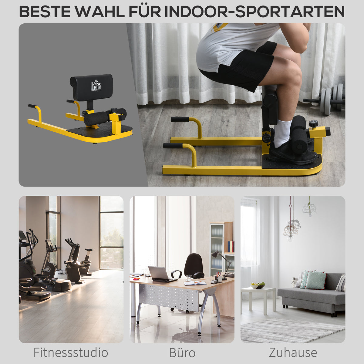 HOMCOM Sissy Squat Kniebeugentrainer Beintrainer Bauch-Gesäß-Trainer 3 in 1 Trainer verstellbar bis 120 kg Stahl Gelb+Schwarz 50 x 97 x (44,5–56,5) cm
