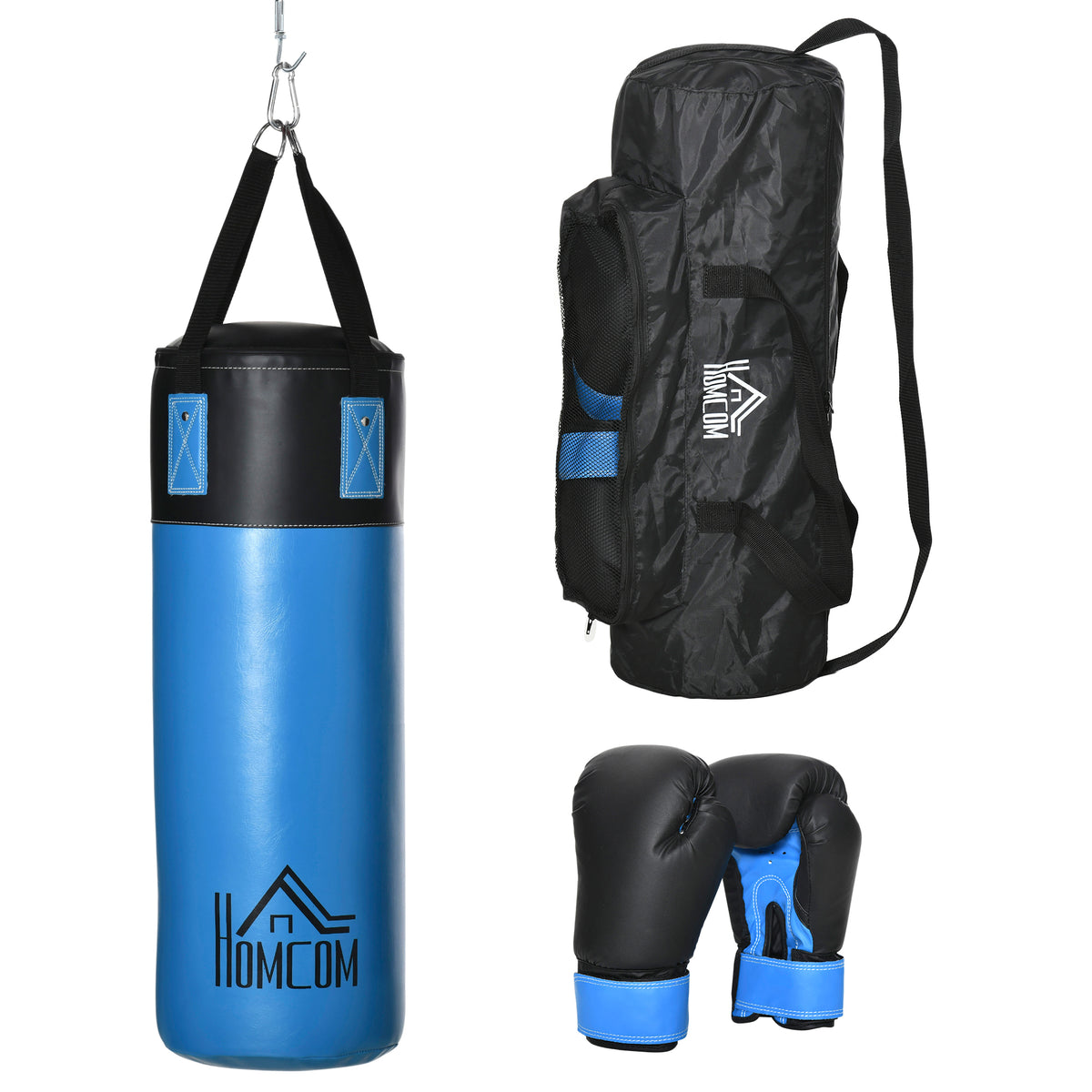 HOMCOM Boxsack-Set Box-Set mit Boxhandschuhen Gefüllt Boxset für Erwachsene Jugendlichen bis 100 KG Belastbar Ø25 x 102 cm Blau