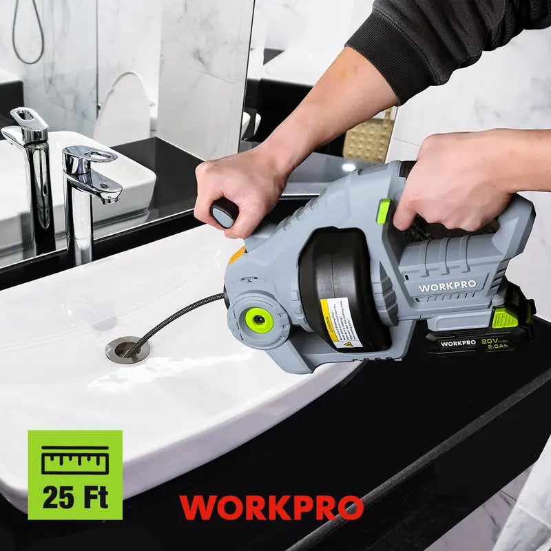 WORKPRO 20V Cordless Electric Drain Auger – 25-Foot Plumbing Snake with 2.0Ah Battery & Charger