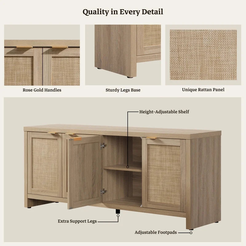 SICOTAS 61.5"w Rattan TV Stand with 4 Doors, Boho Entertainment Center with Adjustable Shelves & Spacious Countertop - Large Boho Farmhouse Media Console for Living Room, Reclaimed Caramel Oak