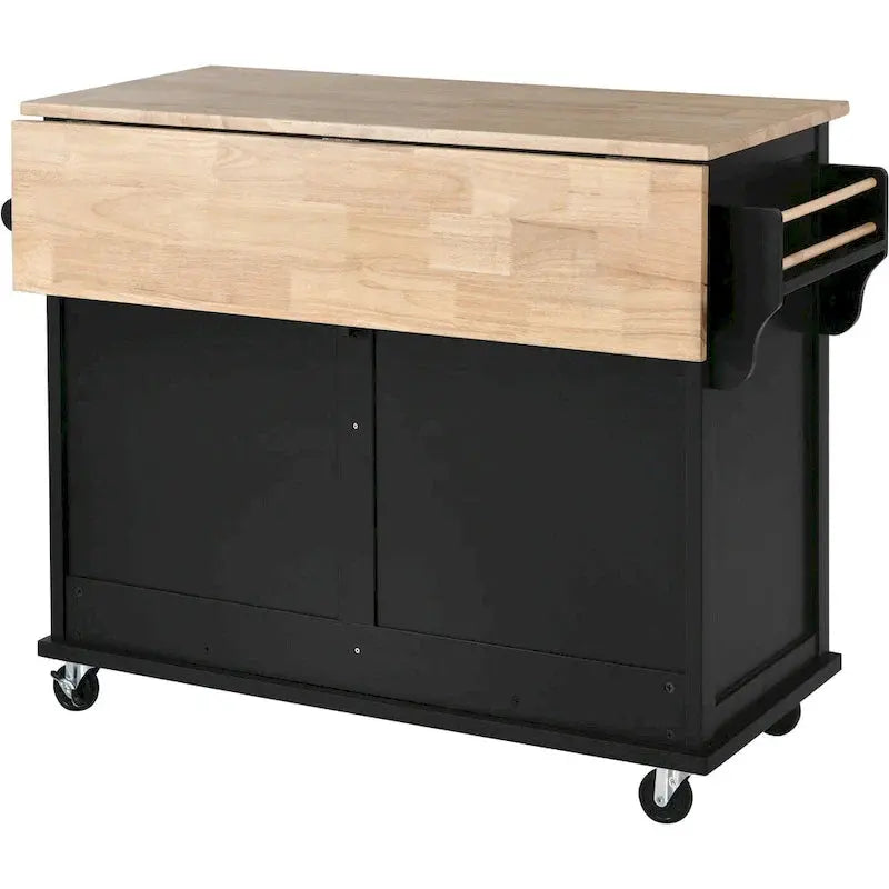 Rubberwood Kitchen Island Cart – Drop-Leaf Countertop, Concealed Barn Door Storage, and 4 Locking Casters