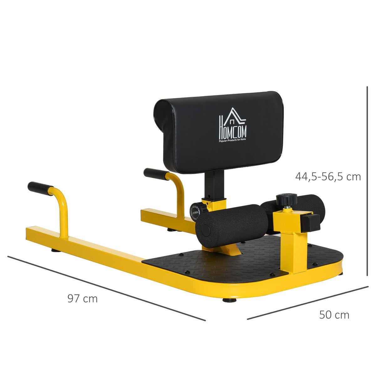 HOMCOM Sissy Squat Kniebeugentrainer Beintrainer Bauch-Gesäß-Trainer 3 in 1 Trainer verstellbar bis 120 kg Stahl Gelb+Schwarz 50 x 97 x (44,5–56,5) cm