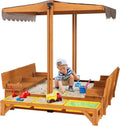 Wooden Outdoor Sandbox with Canopy – 47″×47″ Sand Play Center Featuring Retractable Roof & Foldable Benches