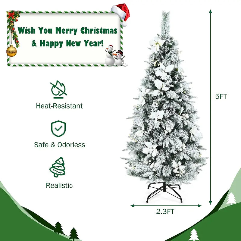 Slim Snow-Flocked Pencil Christmas Tree with White Berries – Hinged Artificial Xmas Tree