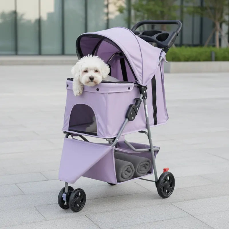 Ventilated Pet Stroller for Dogs & Cats with Mesh Canopy, Storage Basket, and Travel Accessories