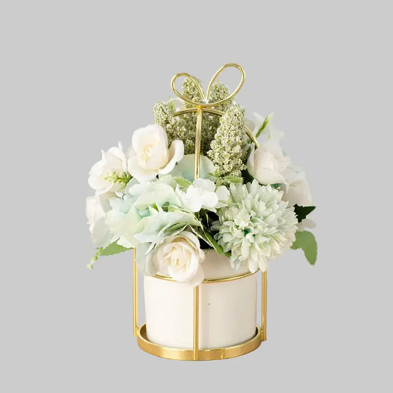 Small Potted Dried Flower Arrangement – Compact Faux Bouquet for Shelf & Table Display