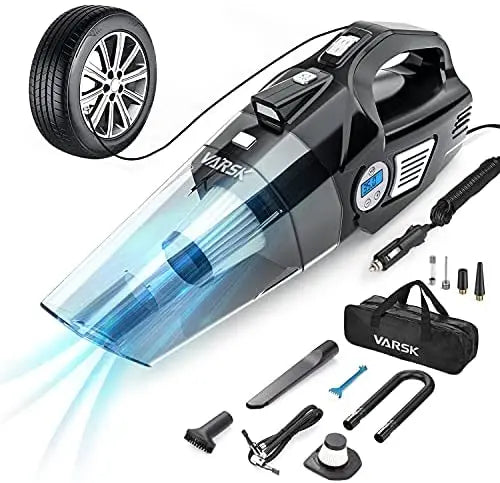 VARSK 4-in-1 Car Vacuum Cleaner & Tire Inflator, 12V Portable Air Compressor with LCD Display & LED Light