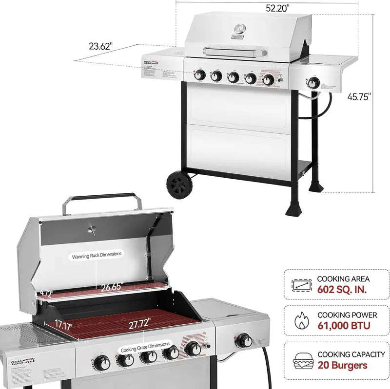 Royal Gourmet GA5401T 5-Burner Propane Grill – Stainless Steel with Side Burner