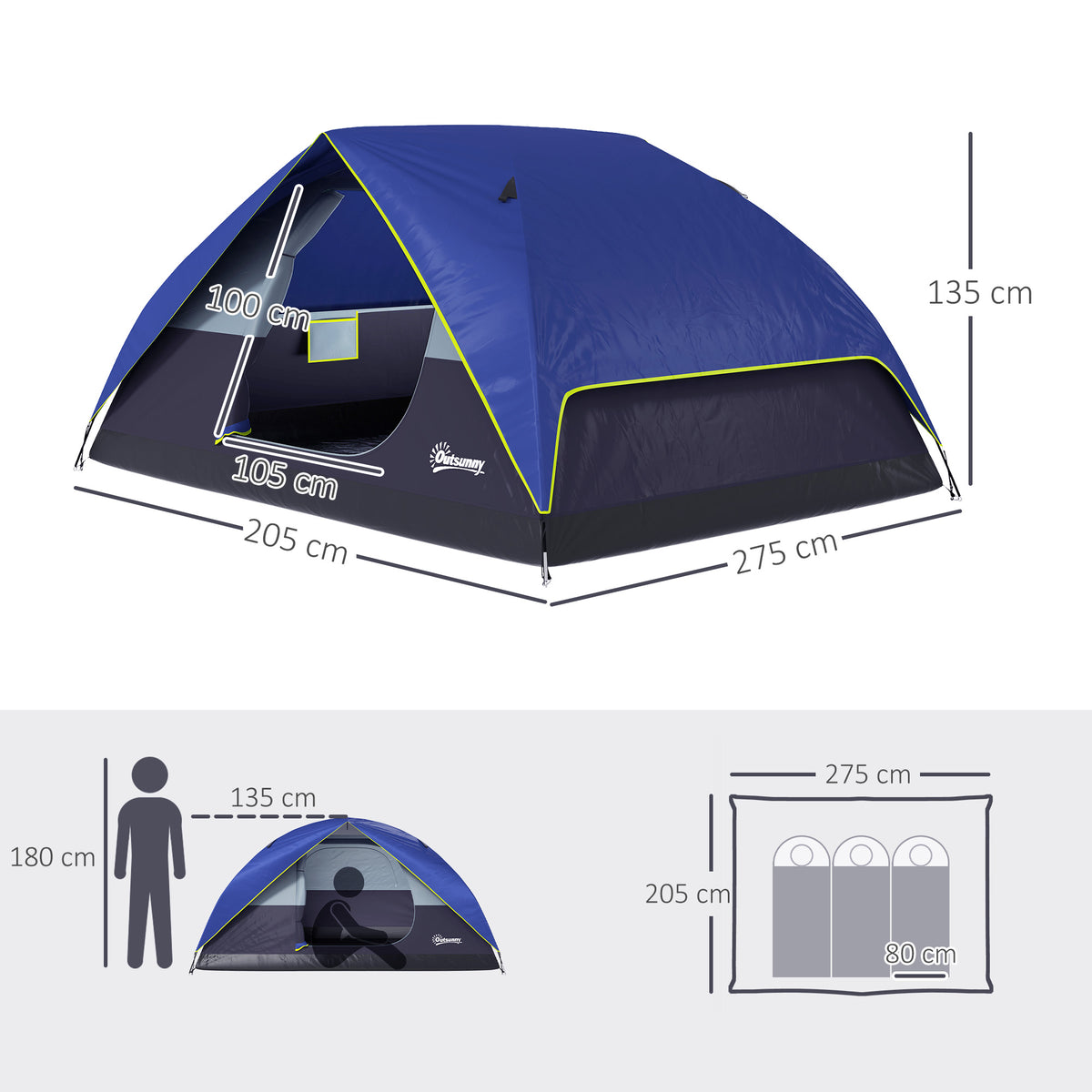 Outsunny Campingzelt 2-4 Personen, wasserdichtes Familien-Domzelt mit Fenster, 2 Taschen, Transporttasche, Dunkelblau