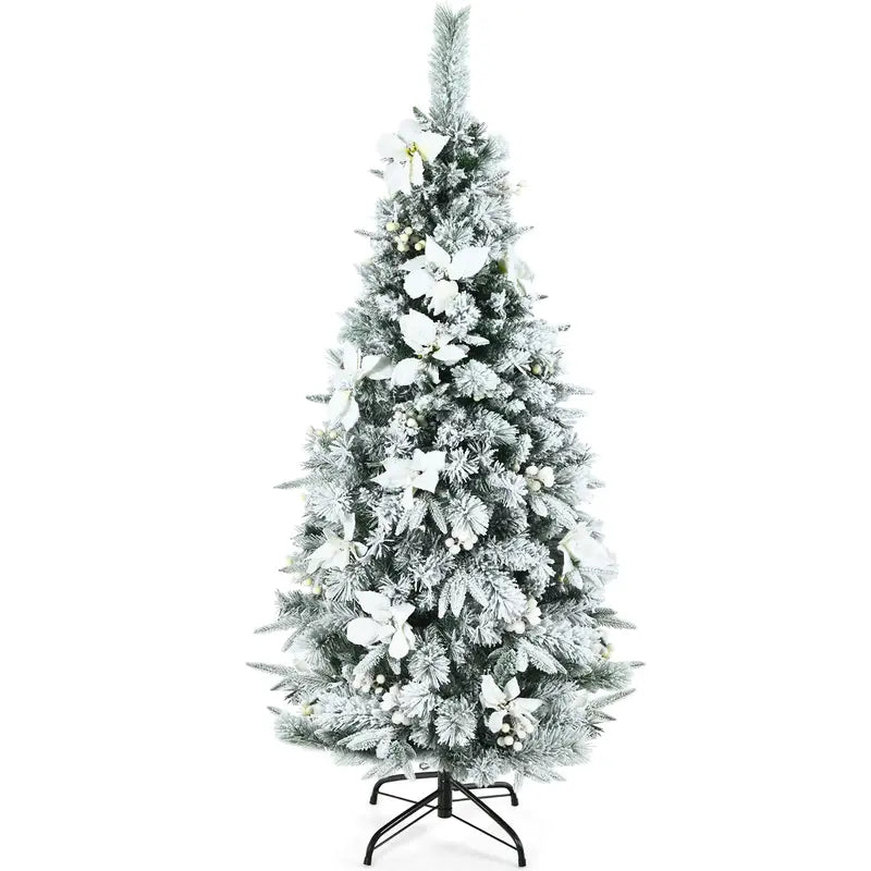 Slim Snow-Flocked Pencil Christmas Tree with White Berries – Hinged Artificial Xmas Tree
