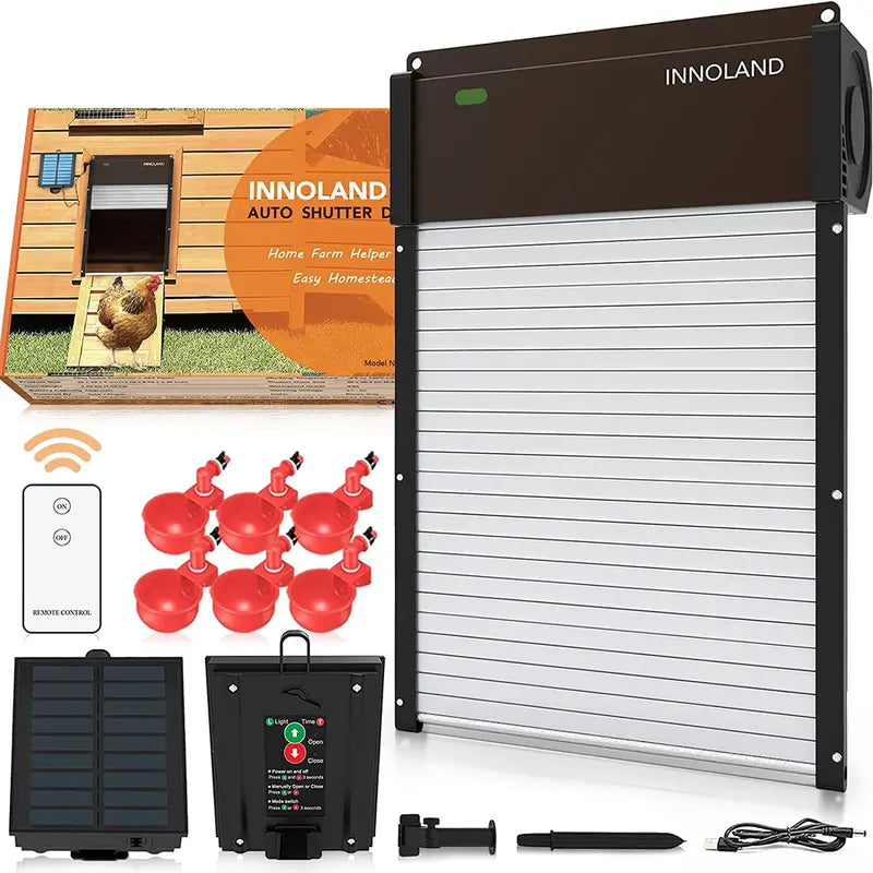 INNOLAND Automatic Chicken Coop Door Solar Powered, Aluminum Frame with Light-Weight AES Roller Shutter, Light Sensor, Daily Programmable Timer, Remote Control